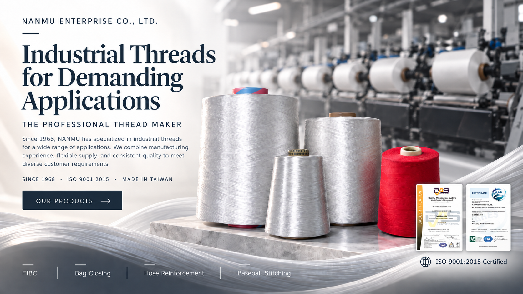 NANMU homepage hero banner showing industrial threads for demanding applications and certification